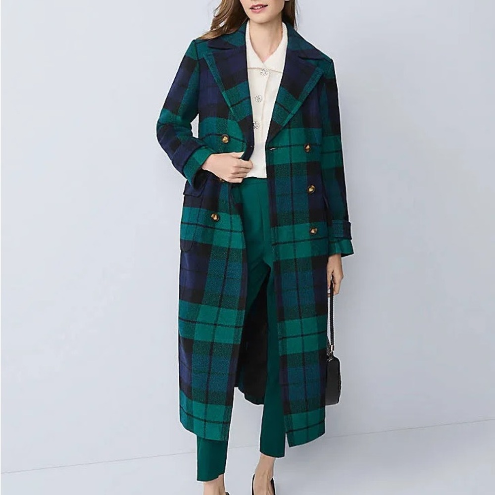 NWT: Ann Taylor Women’s Petite Plaid Fitted Double Breasted Coat: XXS
